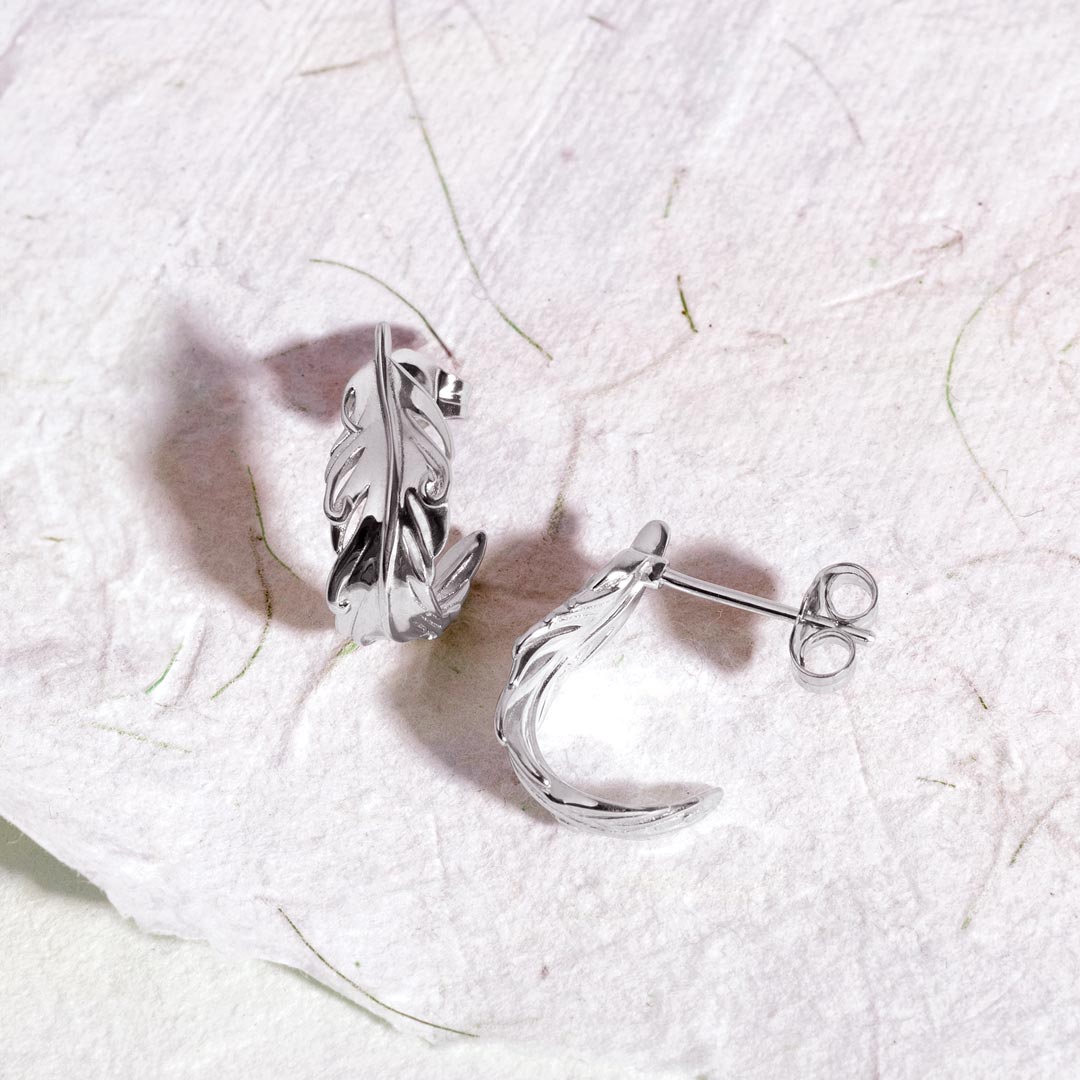 Kit Heath Feather Wisp Rhodium Plated Semi Hoop Stud Earrings 60315RP