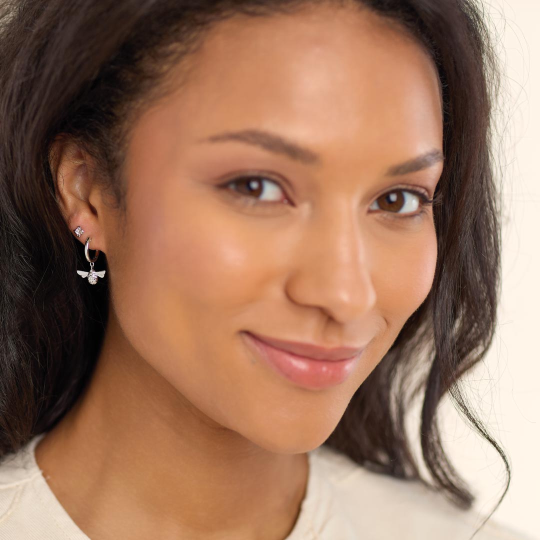 Kit Heath Blossom Flyte Honey Bee Rhodium Plated Hinged Hoop Drop Earrings 60337RP