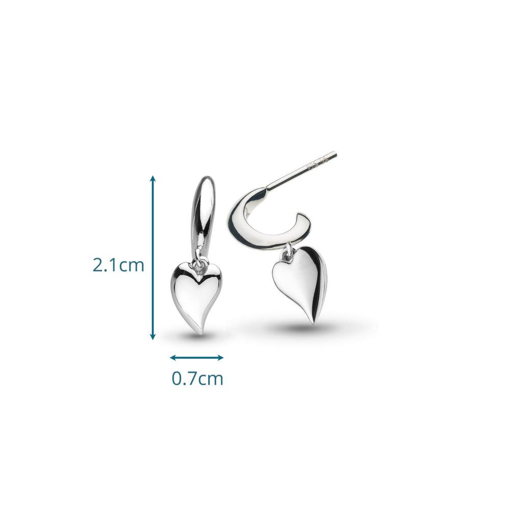 Silver heart-shaped earrings with measurements on a white background