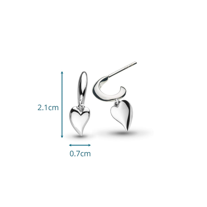 Silver heart-shaped earrings with measurements on a white background
