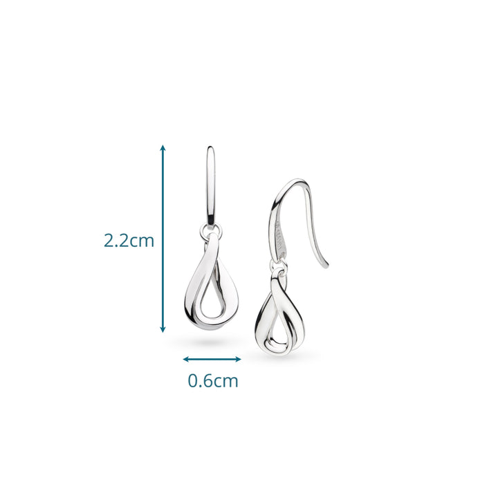 Silver earrings with measurements on a white background