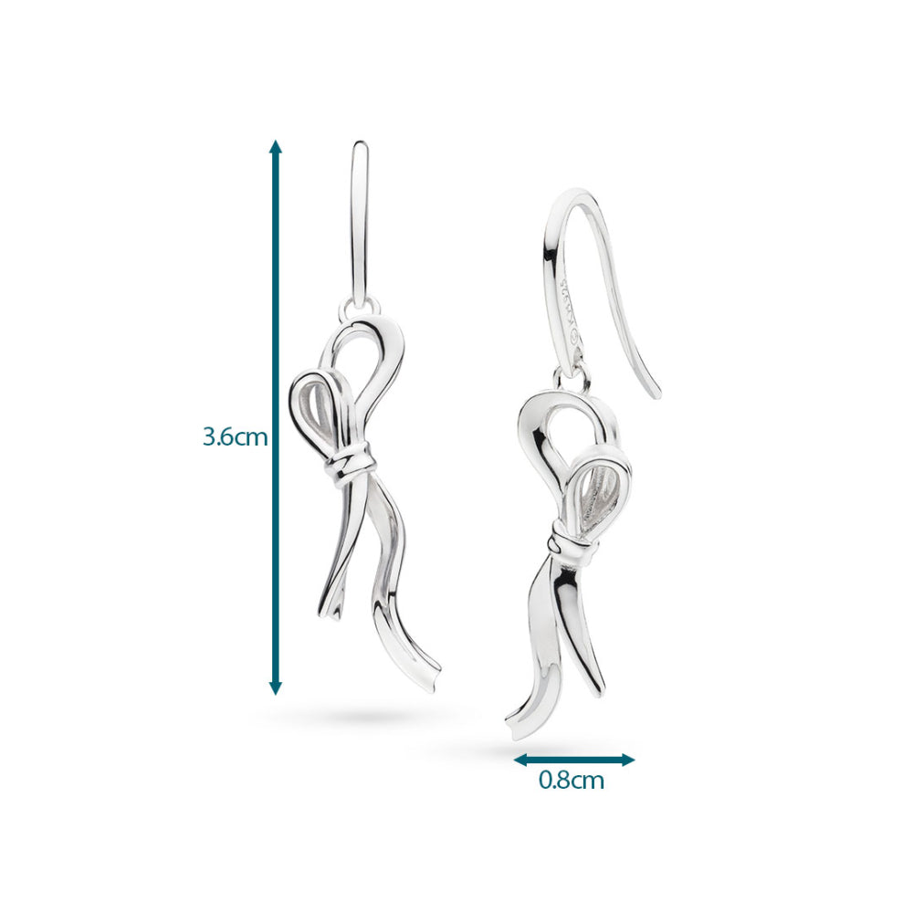 Silver bow-shaped earrings with measurements on a white background