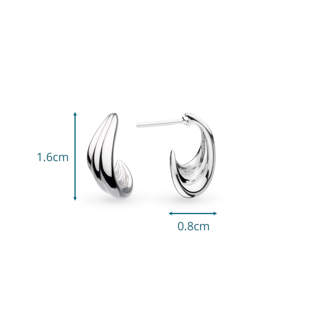 Silver earrings with dimensions indicated on a white background