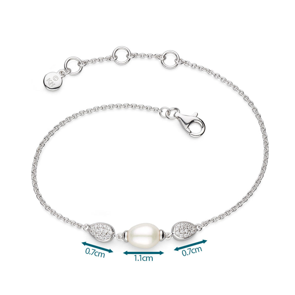 Silver bracelet with pearls and measurements on a white background