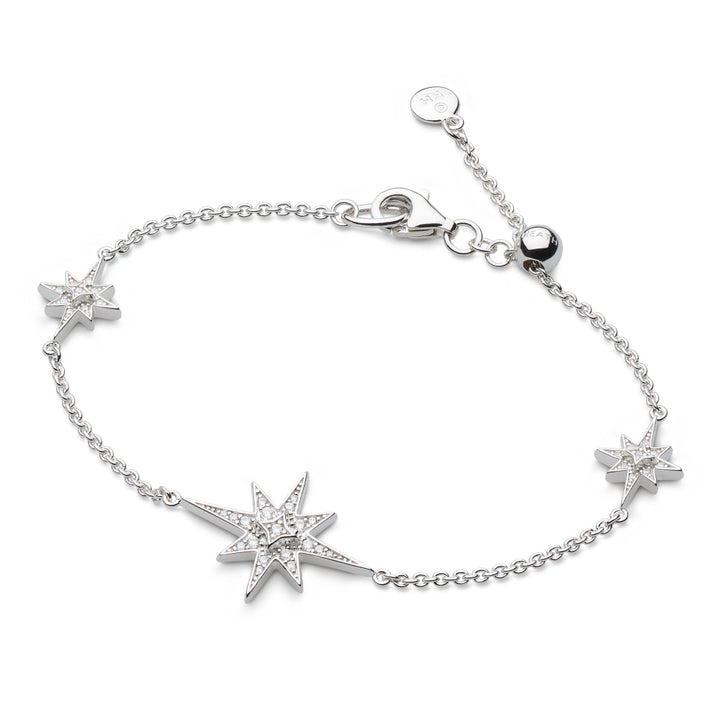 Silver bracelet with star-shaped charms on a white background