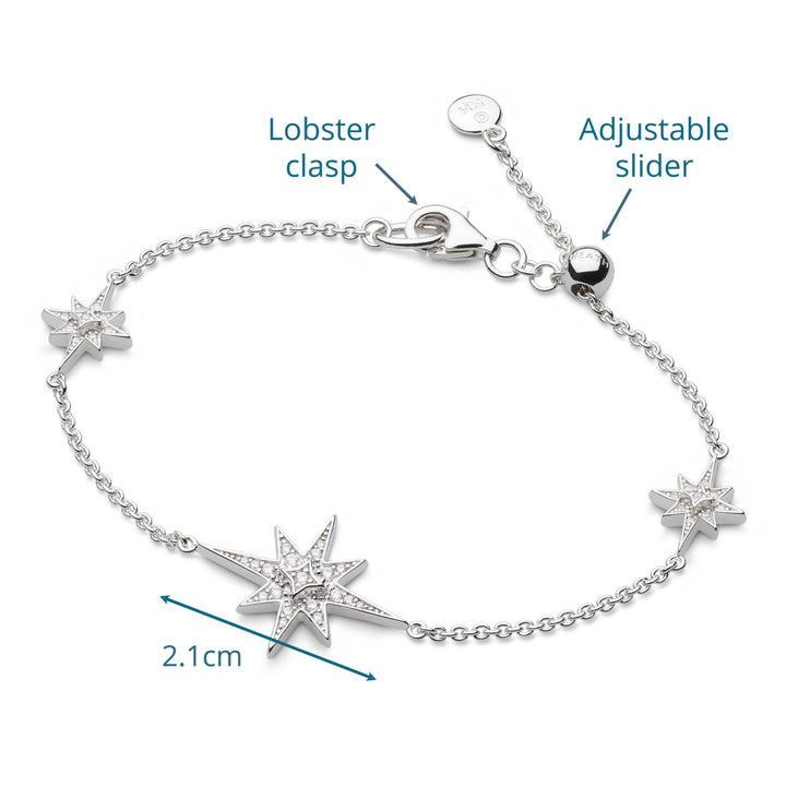 Silver bracelet with star-shaped charms and labeled components on a white background