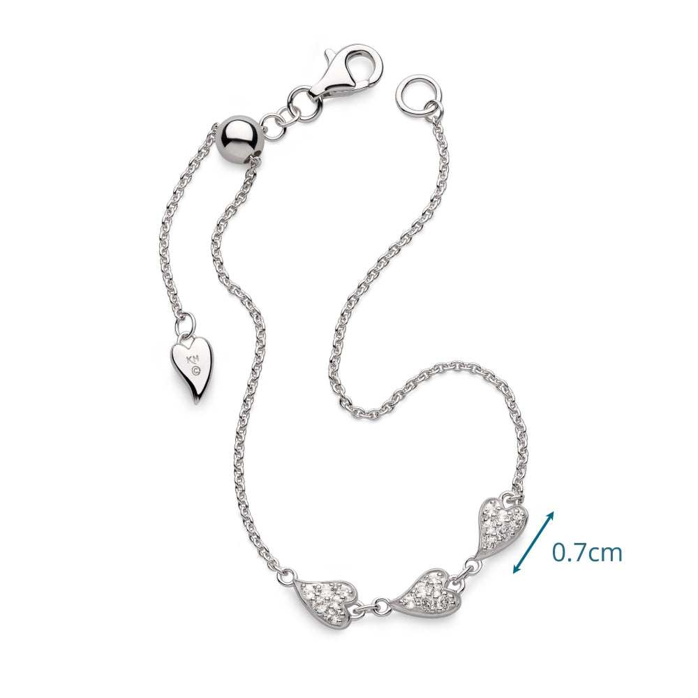 Silver bracelet with heart-shaped links on a white background
