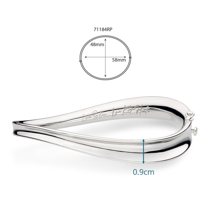 Silver teardrop-shaped object with measurements on a white background
