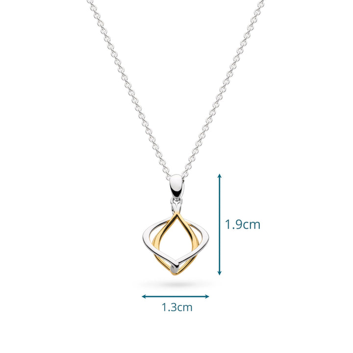 Gold and silver pendant necklace with measurements on a white background