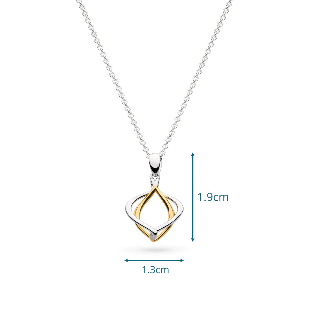 Gold and silver pendant necklace with measurements on a white background