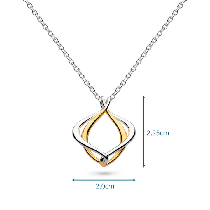 Gold and silver necklace with measurements on a white background
