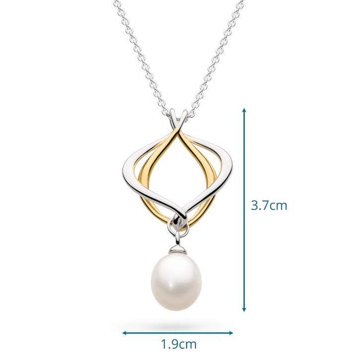 Necklace with a gold and silver pendant featuring a pearl, shown with measurements on a white background.