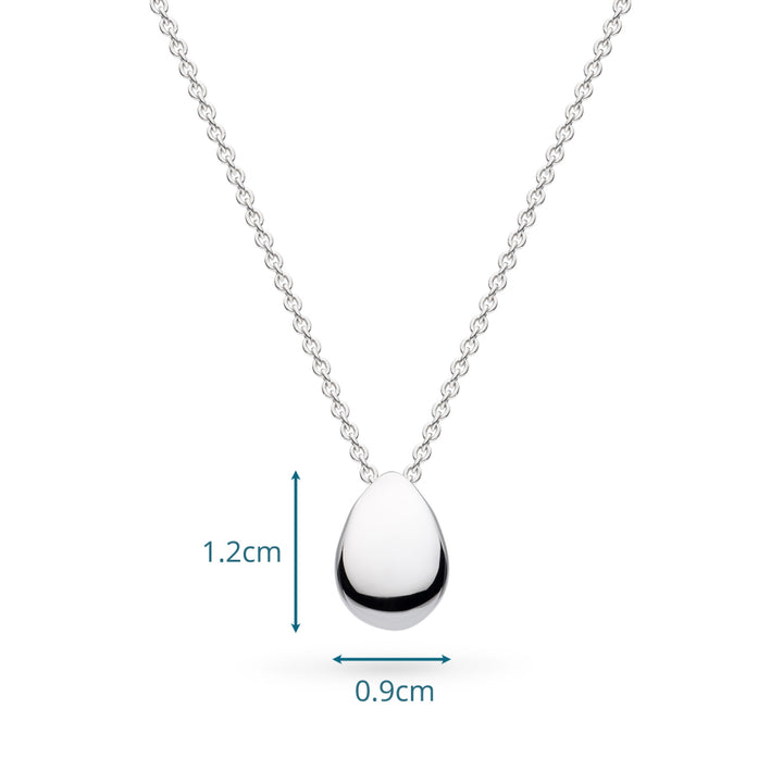 Silver teardrop pendant necklace with measurements on a white background