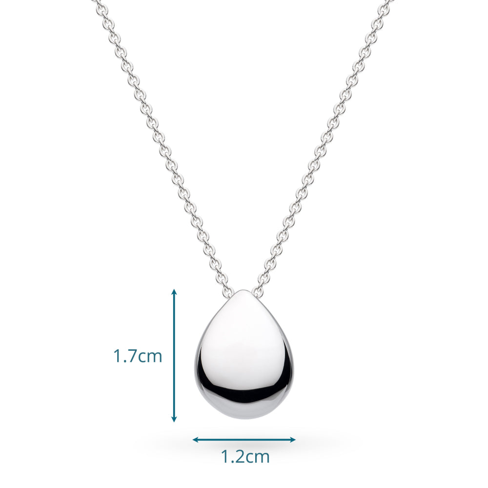 Silver teardrop pendant necklace with measurements on a white background