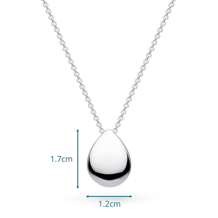 Silver teardrop pendant necklace with measurements on a white background
