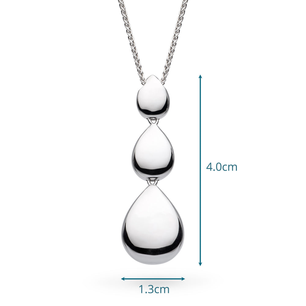 Silver necklace with a pendant, shown with measurements on a white background