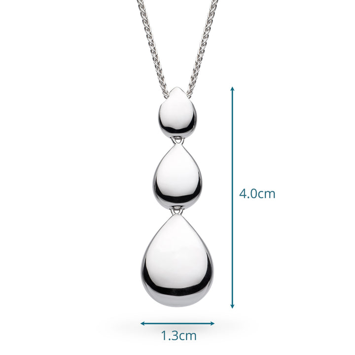 Silver necklace with a pendant, shown with measurements on a white background