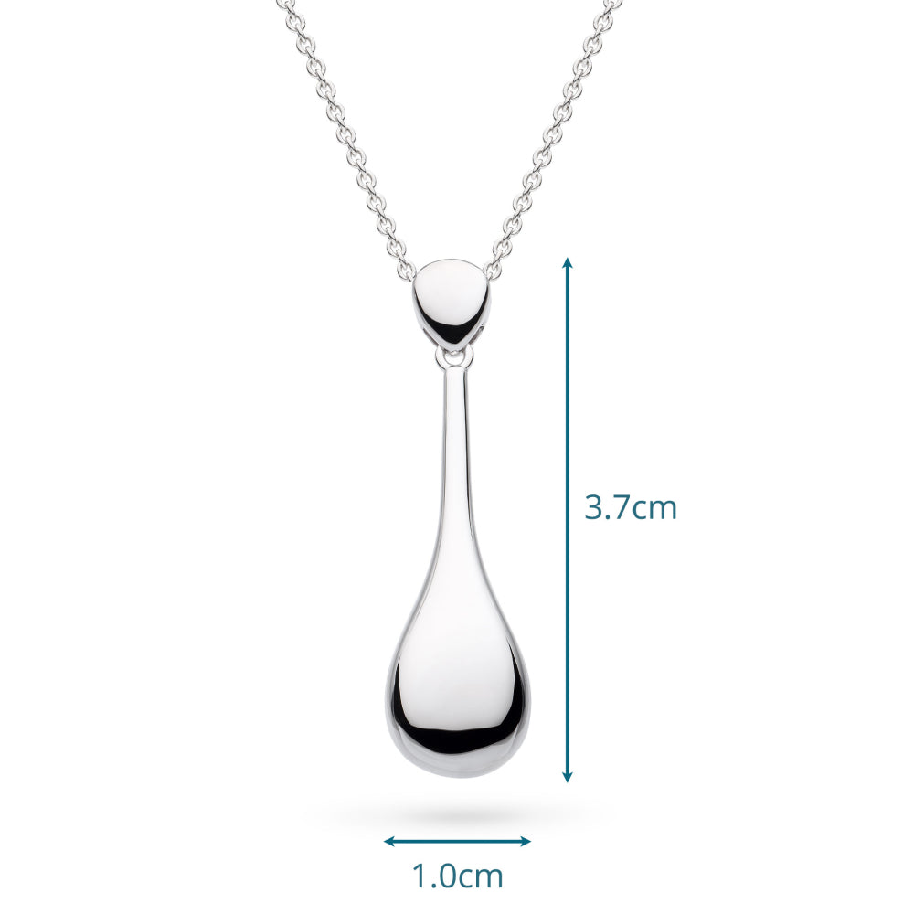 Silver teardrop pendant necklace with measurements on a white background