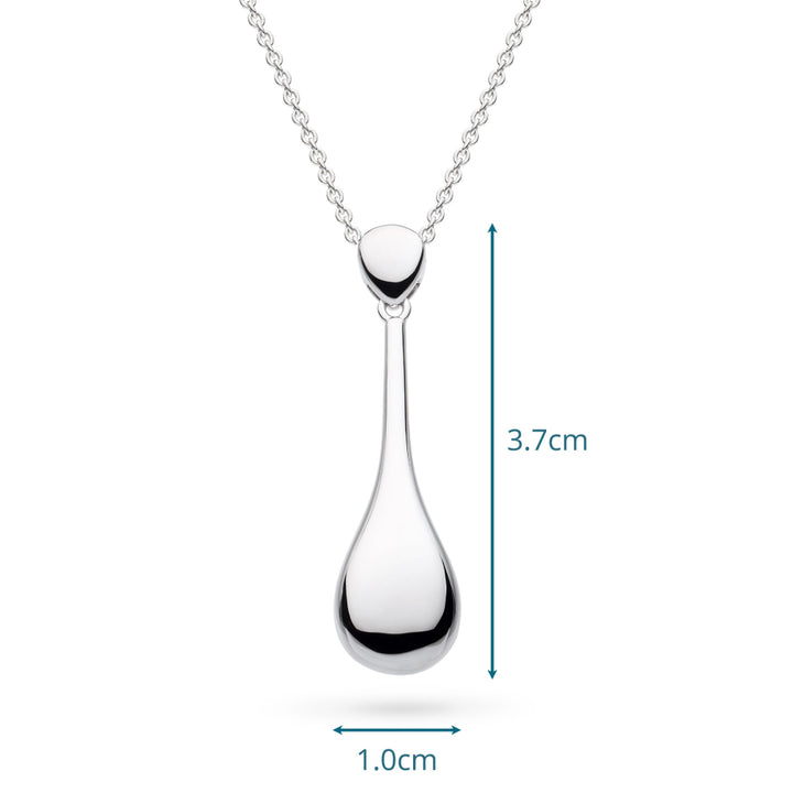 Silver teardrop pendant necklace with measurements on a white background