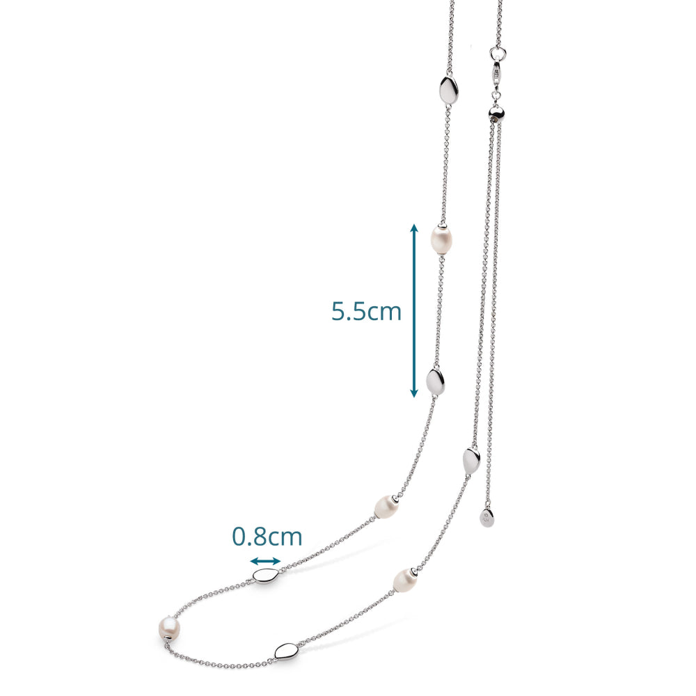 Silver necklace with measurements on a white background
