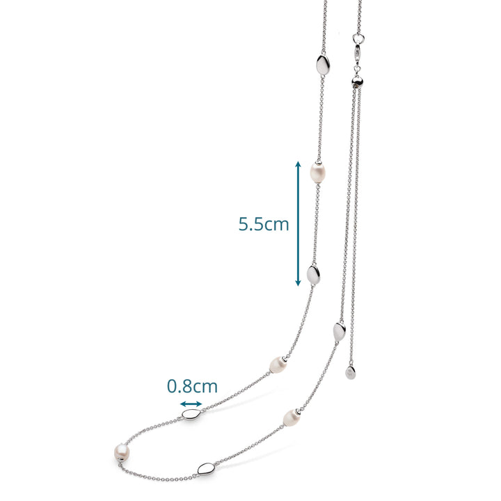 Silver necklace with measurements on a white background
