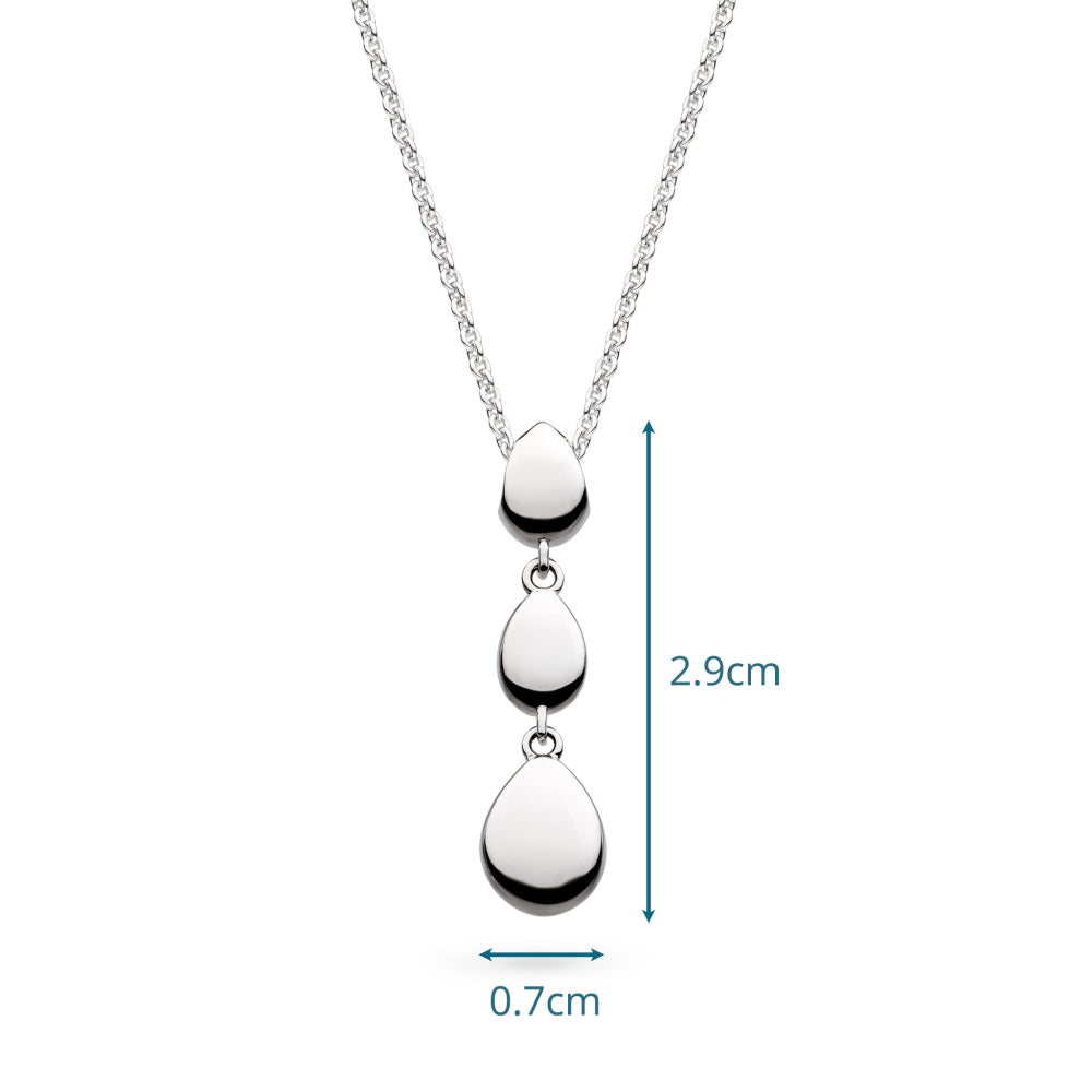 Silver necklace with teardrop pendants and measurements on a white background