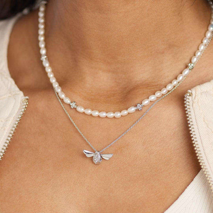 Kit Heath Blossom Flyte Honey Flower Rhodium Rice Pearl 18 Station Necklace 90332FP