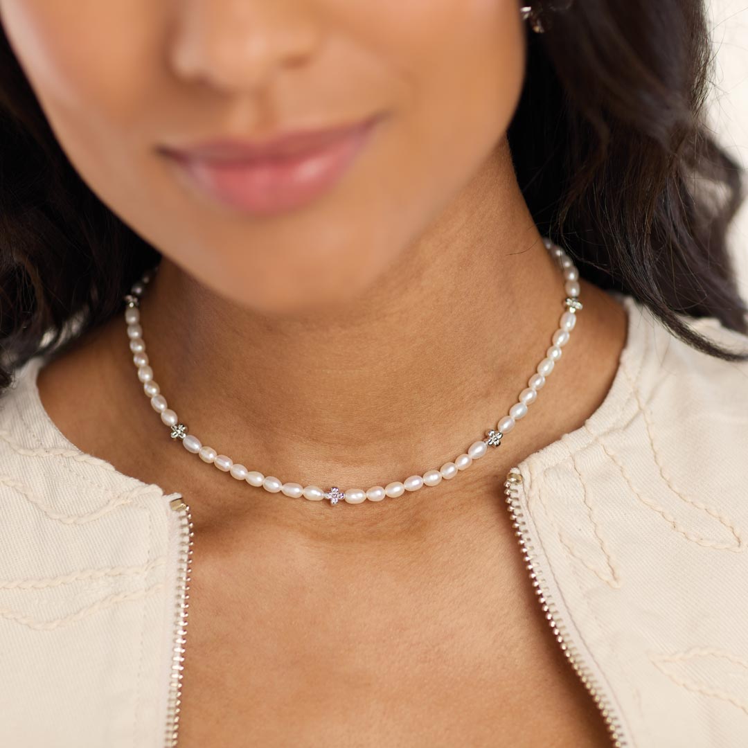 Kit Heath Blossom Flyte Honey Flower Rhodium Rice Pearl 18 Station Necklace 90332FP