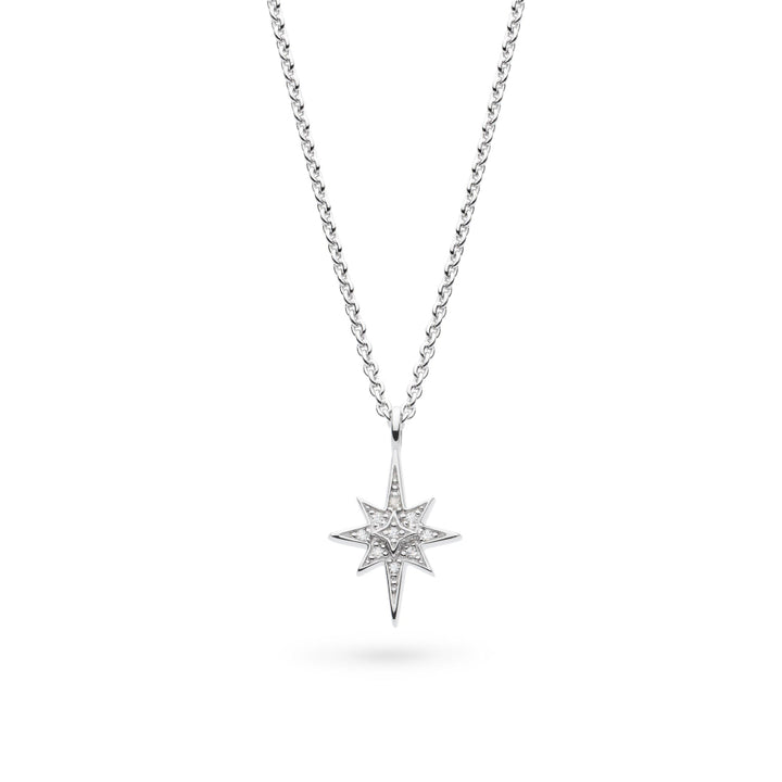 Star-shaped silver pendant on a chain against a white background