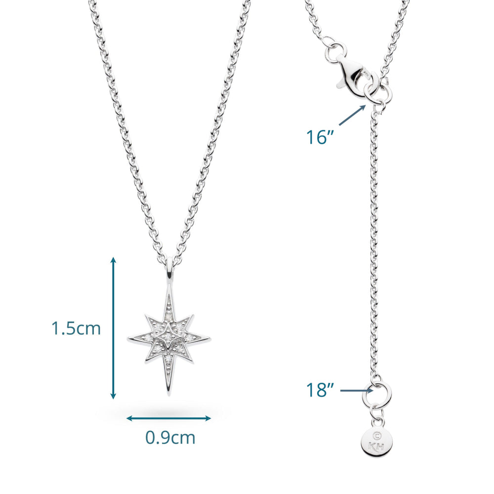 Silver necklace with star pendant and measurements on a white background