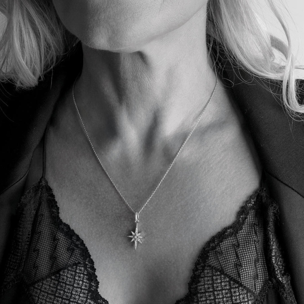 Close-up of a person wearing a necklace with a star pendant.