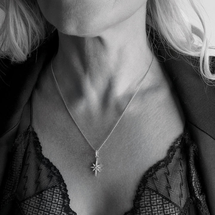 Close-up of a person wearing a necklace with a star pendant.