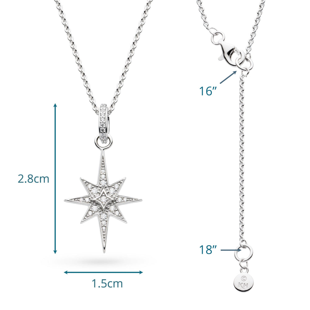 Star-shaped pendant necklace with measurements on a white background