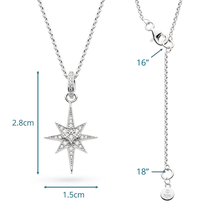 Star-shaped pendant necklace with measurements on a white background