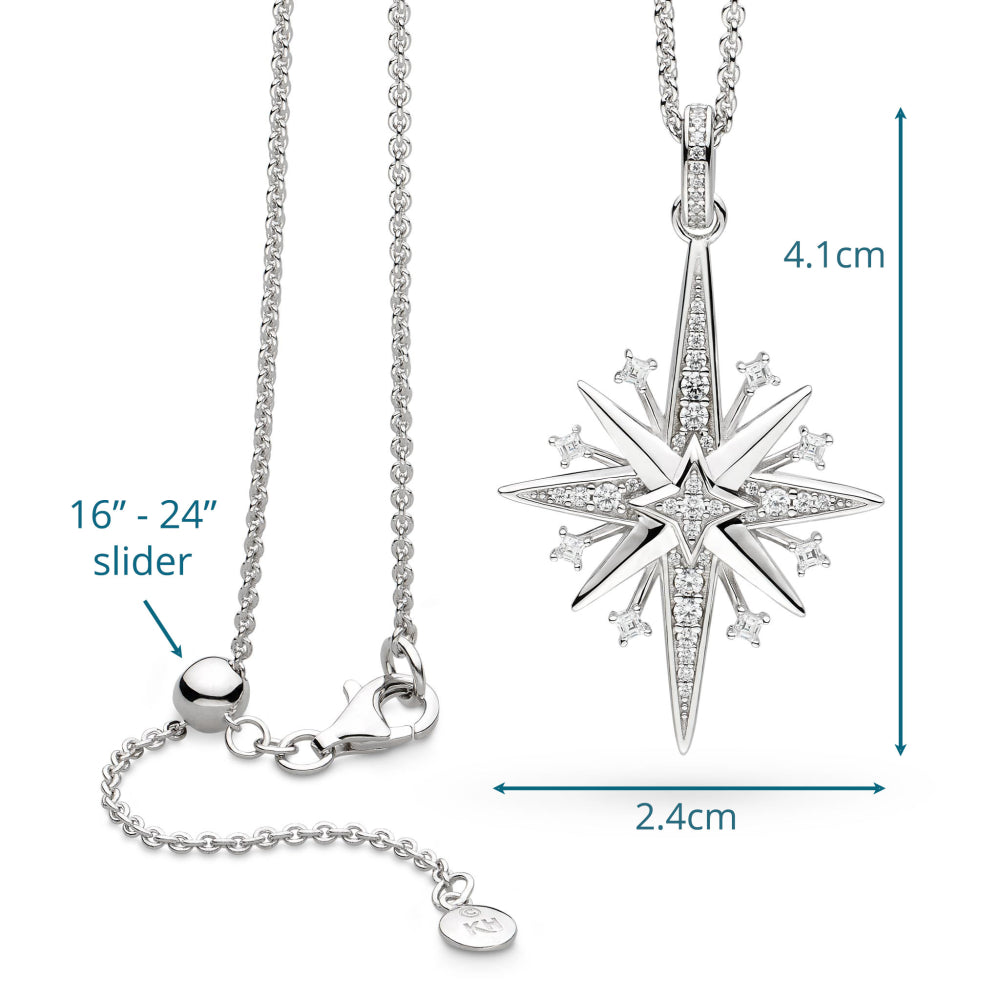 Silver star-shaped pendant with chain, showing measurements on a white background