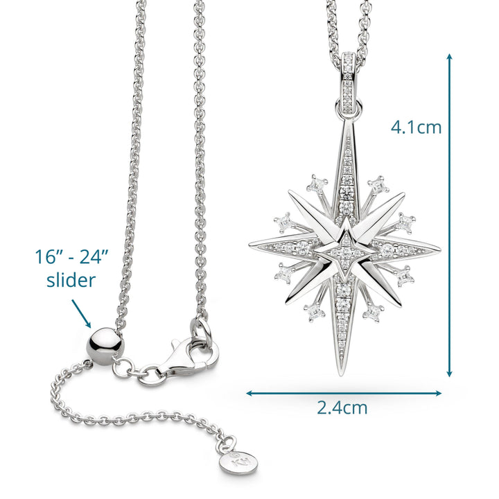 Silver star-shaped pendant with chain, showing measurements on a white background