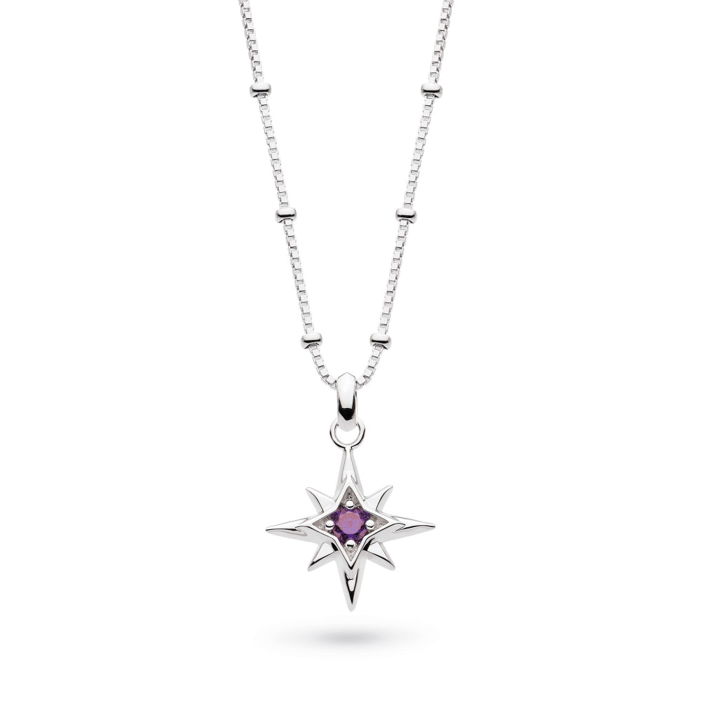 Silver necklace with a star-shaped pendant featuring a purple gemstone on a white background