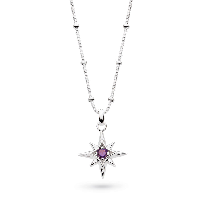 Silver necklace with a star-shaped pendant featuring a purple gemstone on a white background