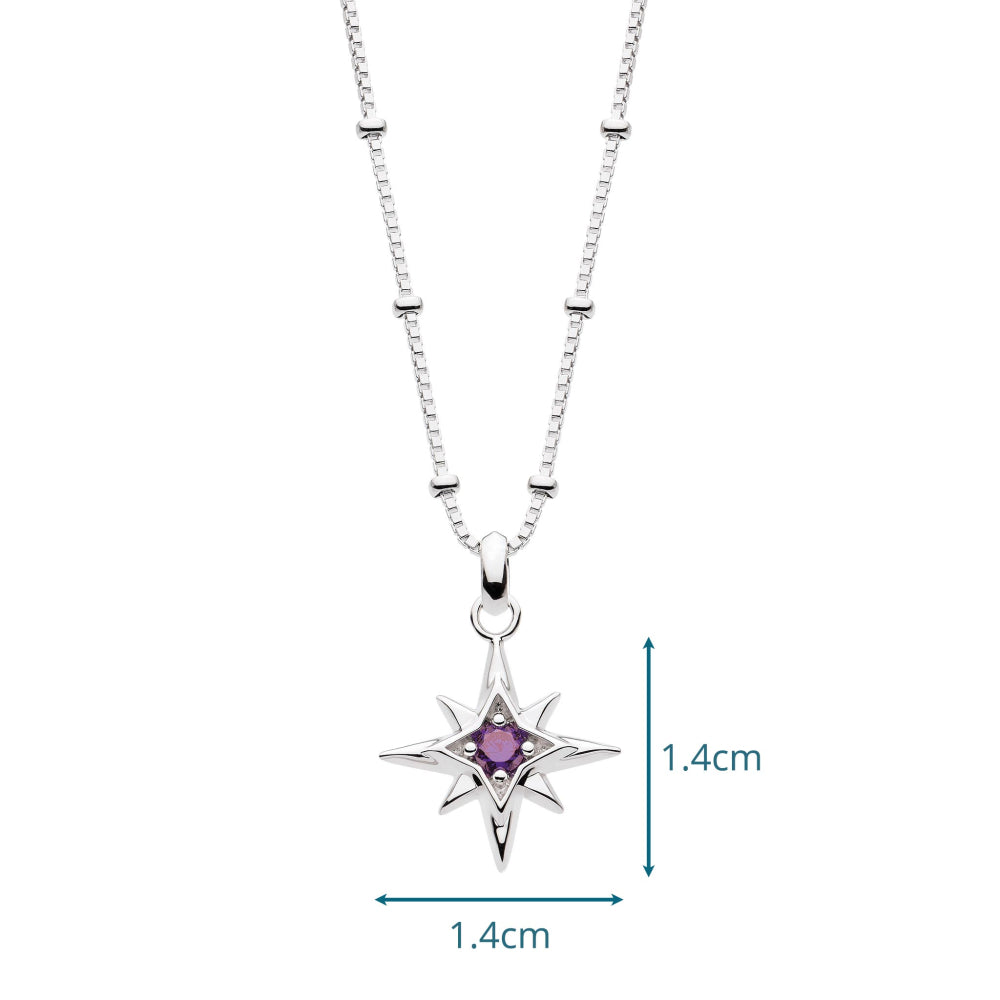 Silver necklace with a star-shaped pendant featuring a purple gemstone on a white background.