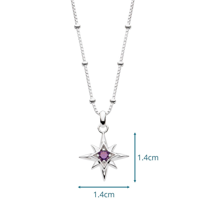 Silver necklace with a star-shaped pendant featuring a purple gemstone on a white background.