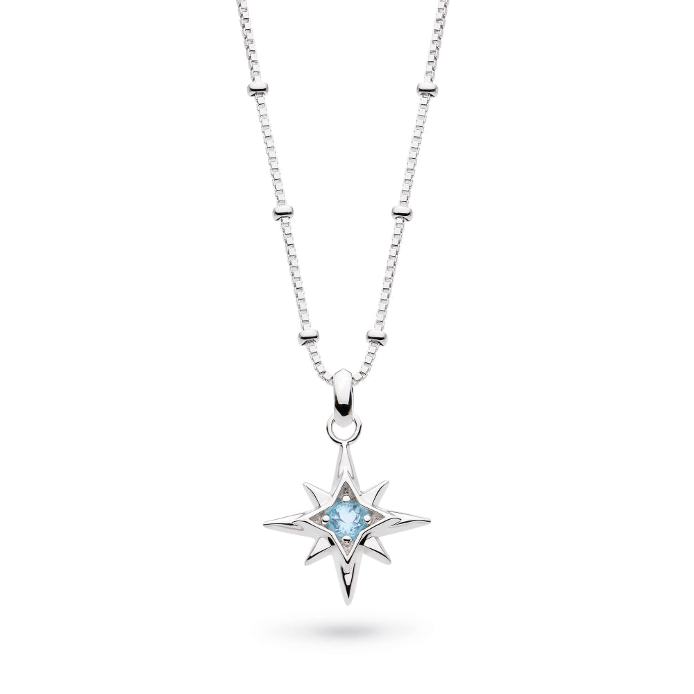 Silver star-shaped pendant with a blue gemstone on a white background