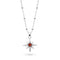 Silver necklace with a star-shaped pendant featuring a red gemstone on a white background
