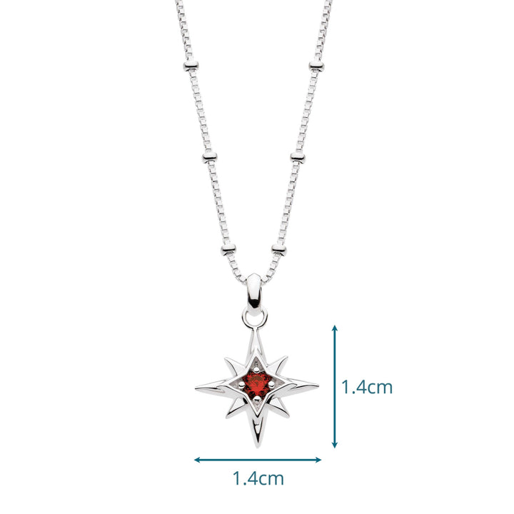 Silver necklace with a star-shaped pendant featuring a red gemstone on a white background.