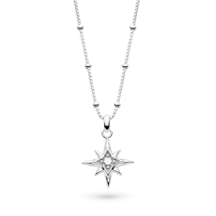 Silver star-shaped pendant necklace on a white background