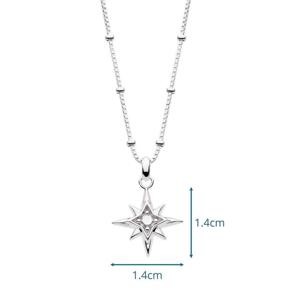Silver star-shaped pendant necklace with measurements on a white background