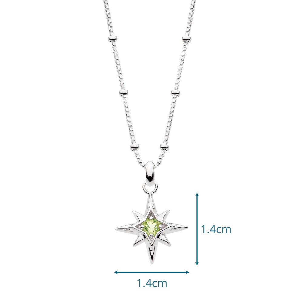 Silver necklace with a star-shaped pendant featuring a green gemstone on a white background.