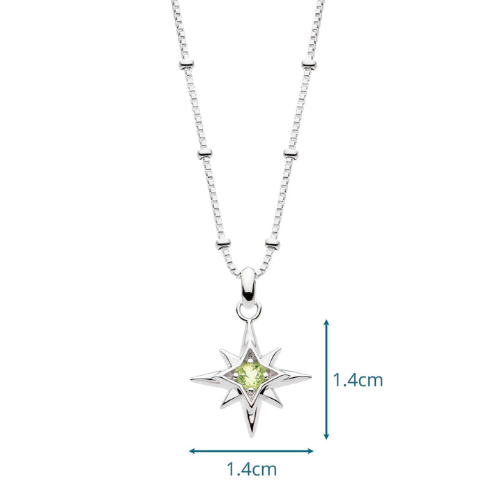 Silver necklace with a star-shaped pendant featuring a green gemstone on a white background.