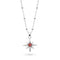 Silver necklace with a star-shaped pendant featuring a red gemstone on a white background