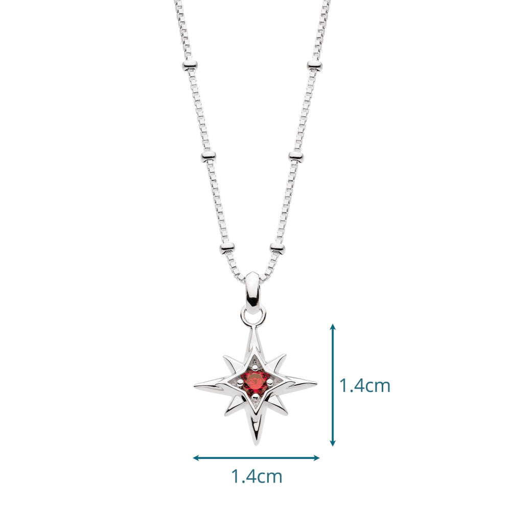 Silver necklace with a star-shaped pendant featuring a red gemstone on a white background.
