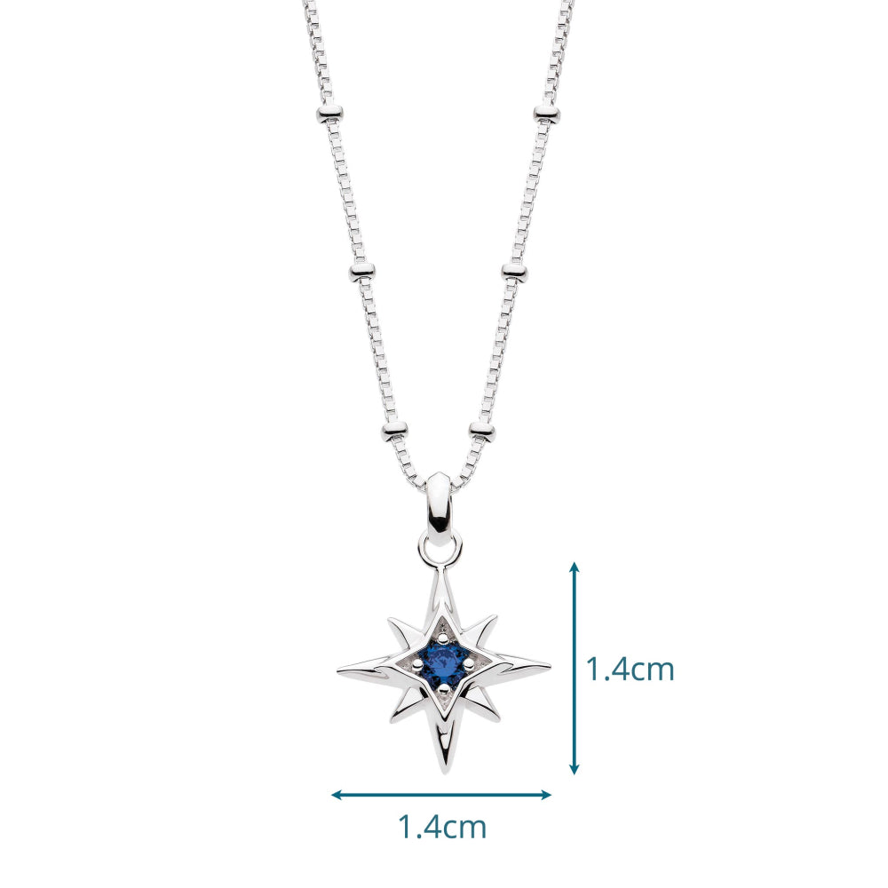 Silver necklace with a star-shaped pendant featuring a blue gemstone on a white background.